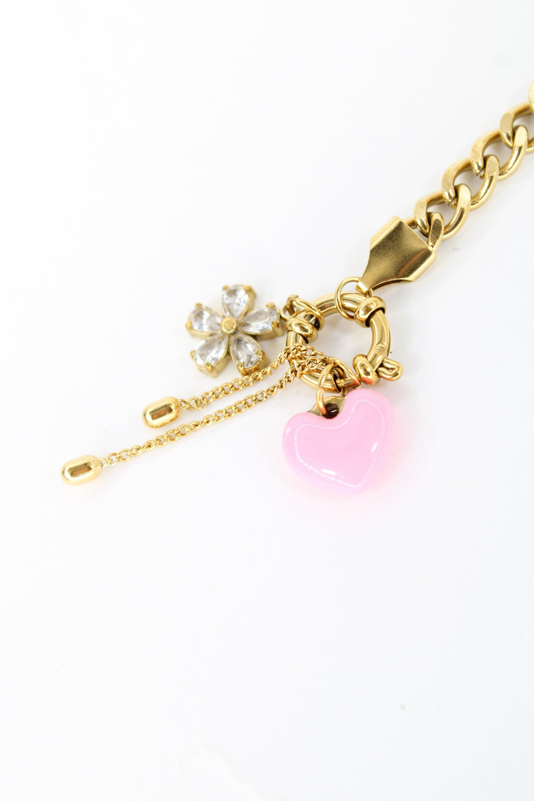 Bracelet Love – Bracelet doré avec cœur rose et fleur cristaux
